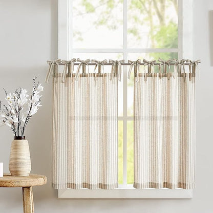 jinchan Tie Top Linen Kitchen Curtains 36 Inches Striped Tier Curtains Farmhouse Modern Cafe Style Small Window Treatments Airy Light Filtering Rod Pocket for Living Room Bathroom 2 Panels Tan