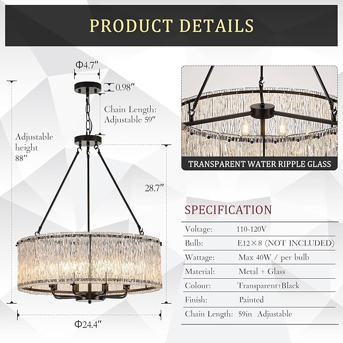 CATINER Modern Drum Chandelier 24.4" Black Crystal Glass Chandeliers 8-Light Luxury Ceiling Pendant Lighting Fixture for Dining Room Foyer Living Room Bedroom