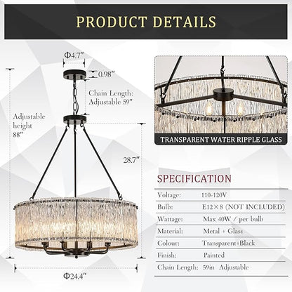 CATINER Modern Drum Chandelier 24.4" Black Crystal Glass Chandeliers 8-Light Luxury Ceiling Pendant Lighting Fixture for Dining Room Foyer Living Room Bedroom