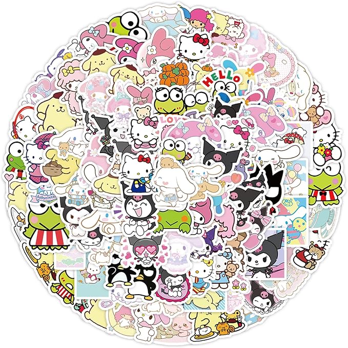 100Pcs Cartoon Kawaii Sanrio Stickers for Kids,Vinyl Waterproof Kuromi Kitty Melody Stickers for Water Bottle Laptop Computer Phone Luggage Skateboard Lunchbox Decals Gifts for Kids Teen Adults