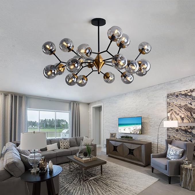 hesoge 20 Light Extra Large Sputnik Chandelier Mid Century Modern Black and Gold Ceiling Light Fixture with Glass Globe Pendant Light Hanging for Dining Room Kitchen Living Room Foyer.