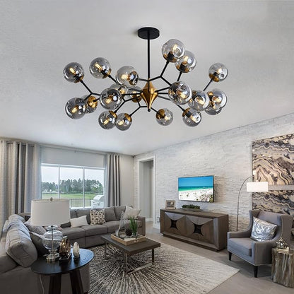 hesoge 20 Light Extra Large Sputnik Chandelier Mid Century Modern Black and Gold Ceiling Light Fixture with Glass Globe Pendant Light Hanging for Dining Room Kitchen Living Room Foyer.