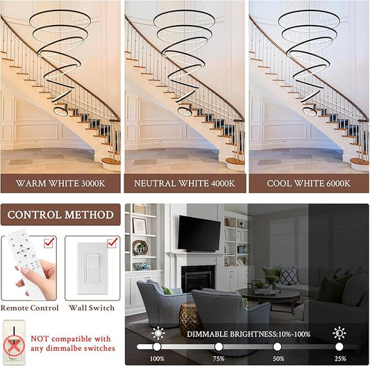 Modern LED Chandelier 8 Rings Dimmable Black High Ceiling Chandelier Foyer, Large LED Contemporary Pendant Lighting for Staircase Entryway Living Room, D35’’ 3000K-6500K