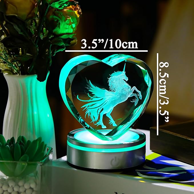 Qianwei Unicorn Gifts for Women 3D Crystal Heart - Laser Unicorn Decor Glass Animals Unicorn Gifts Figurines Statue Stuff for Room Decorations Unicorn Night Light