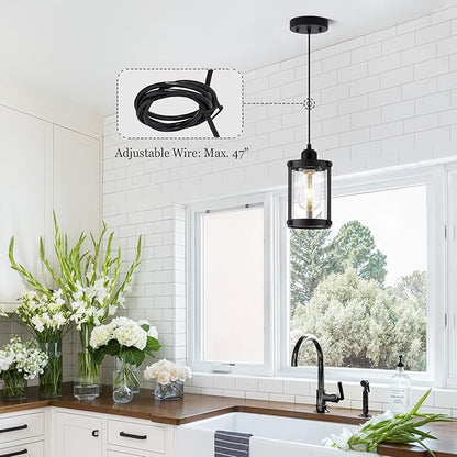 Black Pendant Lights Kitchen Island, 1-Light Modern Mini Hanging Light Fixtures with Clear Glass, Farmhouse Kitchen Pendant Lighting Over Island for Sink Dining Room, OS-3014-1PBK