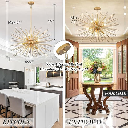 32in Gold Sputnik Chandelier Solid Metal Starburst Chandelier Light Fixture 9-Light Mid-Century Modern Satellite Light Fixture for Living Room Dining Room Foyer Study Room Bathroom,E12