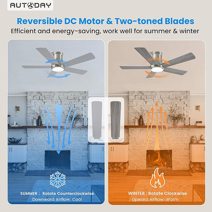 42 Inch Low Profile Ceiling Fan with Light, Burshed Nickel Ceiling Fans with Lights and Remote, Flush Mount, 6 Speeds Quiet DC, 3CCT Dimmable, Indoor Outdoor Ceiling Fans for Patios Bedroom