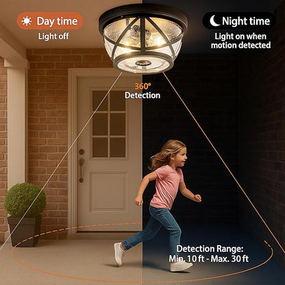 Motion Sensor Ceiling Light Fixture Outdoor Flush Mount Manual Dusk to Dawn Matte Black Waterproof Indoor Ceiling Light Fixture with Seeded Glass for Front Porch Garage Entrance