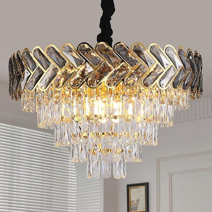 Modern Crystal Chandelier Gold,24" Round Crystals Chandeliers for Dining Room Top K9 Adjustable Ceiling Light Fixture 5-Tier Crystal Pendant Lamp 9-Light for Living Room Foyer Staircase