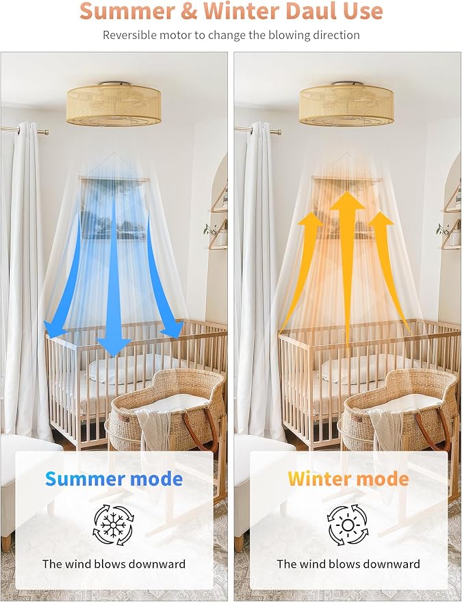 Ceiling Fans with Lights Flush Mount, 20" Rattan Boho Ceiling Fan with Light, Low rofile with 6 Speeds, Remote Control for Bedroom, Nursery, Living Room