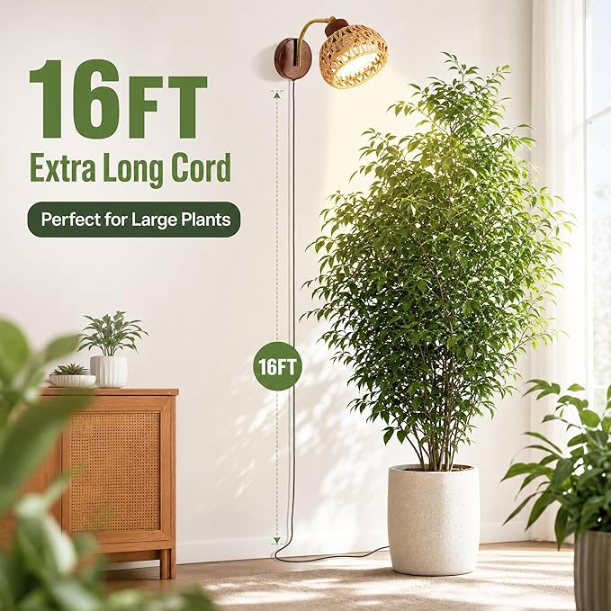 Hanging Grow Lights for Indoor Plants, Wall Grow Light with Adjustable Beam Angle (15°-75°), 3H/6H/9H Auto Cycle Timer, 18W Full Spectrum, 16FT Power Cord for Tall Plants, Flowers and Potted Trees