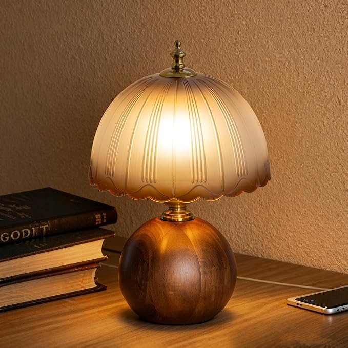 11.8" Decorative Wooden Table Lamp with Frosted Glass Shade, Dimmable Bedside Nightstand Lamp with E26 Socket & 6ft Cord, Small Accent Lamp for Bedroom & Living Room (Gradient)