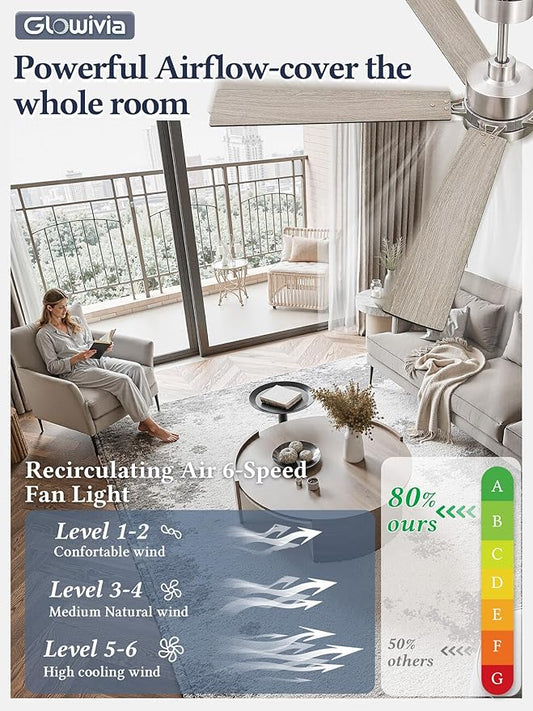 60 Inch Ceiling Fan with Lights and Remote, Smart APP Control, Dimmable with All-Setting Memory, Quiet DC Motor Reversible Blades, Damp Rated Modern Ceiling Fan for Bedroom Patio Living Room