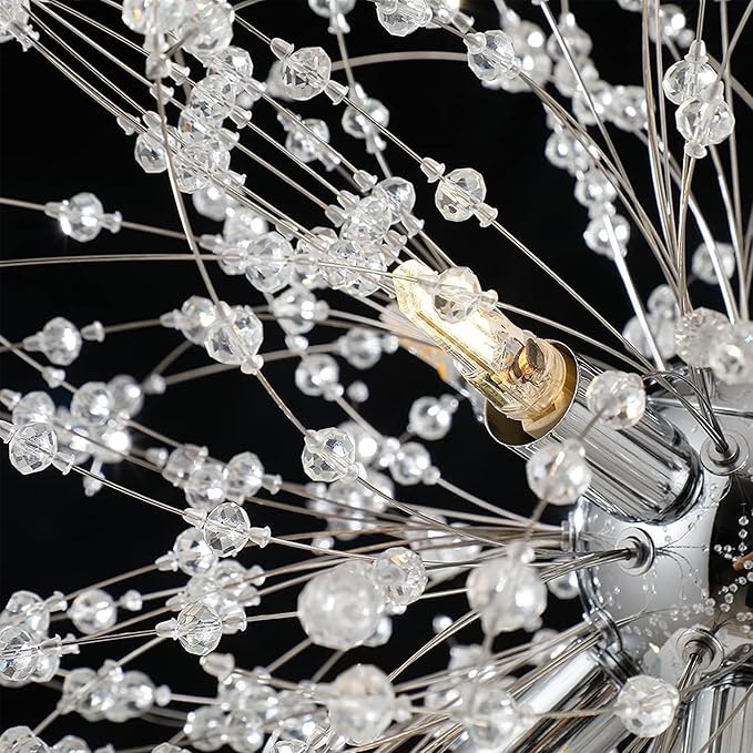 Small Firework Chandelier, 8 Lights Sputnik Pendant Island Light, Chrome Dandelion Crystal Chandelier for Kitchen Dining Room Bedroom