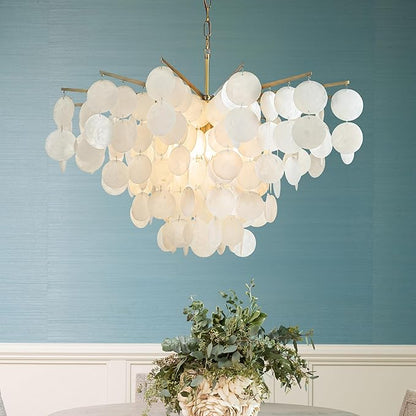 ALOADECOR 6-Light 30" Cone Shape 5-Tier Coastal Capiz Shells Chandelier with Antique Gold Metal Farmhouse Natural Seashell for Dining Room Living Room