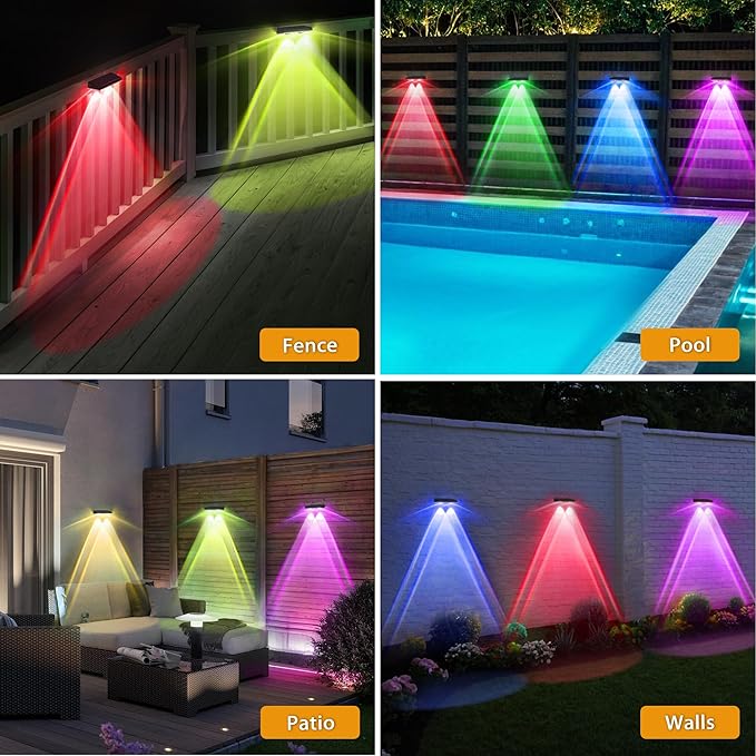 Solar Fence Lights Outdoor - 2 Pack RGB Fence Lights Solar Powered, 7 Color Modes & Warm White, IP67 Waterproof Dusk to Dawn Solar Powered Lights 12+ Hours for Fence/Backyard/Wall/Step/Patio/Deck