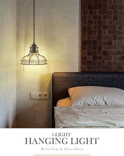 Industrial Pendant Lights Kitchen Island Black 8.7", Hanging Light Fixtures with Clear Glass and Metal Cage, Farmhouse Kitchen Pendant Light for Dining Room, Bedroom, Living Room