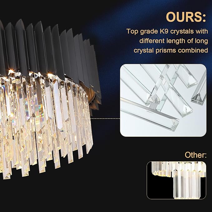 Large Crystal Chandelier Modern Black Chandelier for High Ceiling 12 Lights Large Staircase Lighr Round Pendant Light Fixture Hanging Ceiling Light for Dining Room Living Room Entryway Foyer