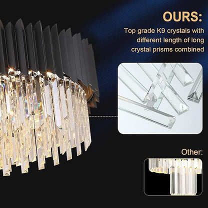 Large Crystal Chandelier Modern Black Chandelier for High Ceiling 12 Lights Large Staircase Lighr Round Pendant Light Fixture Hanging Ceiling Light for Dining Room Living Room Entryway Foyer