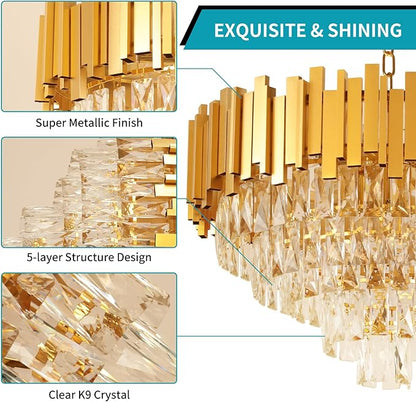 Depuley Modern Gold Crystal Chandelier: 9-Light 4-Tier Flush Mount Chandelier 12 Inch Luxury Round Hanging Pendant Light Fixture for Bedroom Dining Room Living Room Included Bulbs