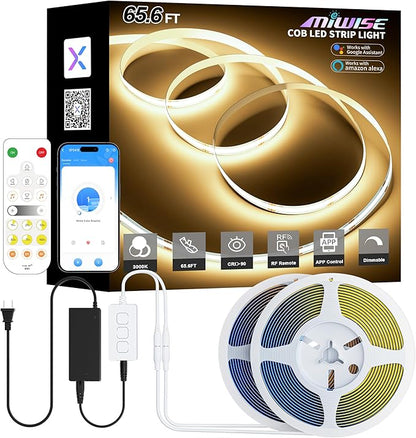 MIWISE COB LED Strip Lights 65.6ft/20m,UL-Listed CRI 90+ Dimmable 3000K Warm White Super Bright,with APP Control/RF Remote,Work with Alexa/Google,for Home/Cabinet/Bedroom/Kitchen DIY Lighting Projects