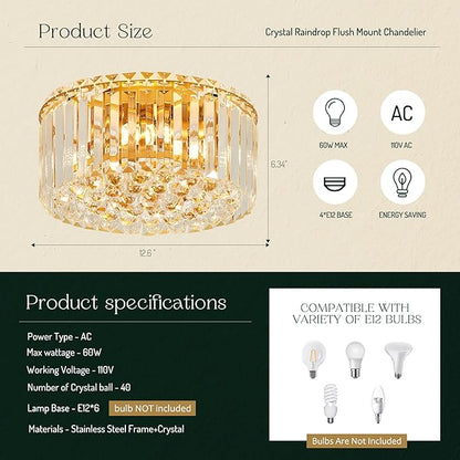 12.6" Gold K9 Crystal Raindrop Flush Mount Ceiling Light, Modern Chandelier, Round Luxury Light Fixture for Dining Room, Bedroom, Hallway, Kitchen Island & Living Room