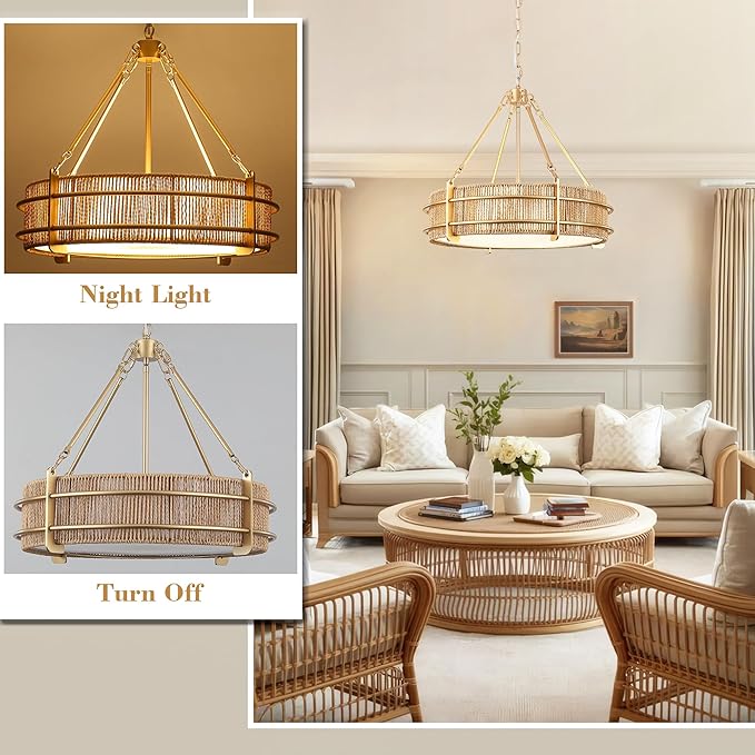 21.5'' Boho Rattan Chandelier Light Fixture, 5-Light Hand Woven Rattan Chandeliers with Fabric Shade, Rustic Gold Pendant Light for Kitchen, Bedroom, Dining Room, Living Room, Foyer