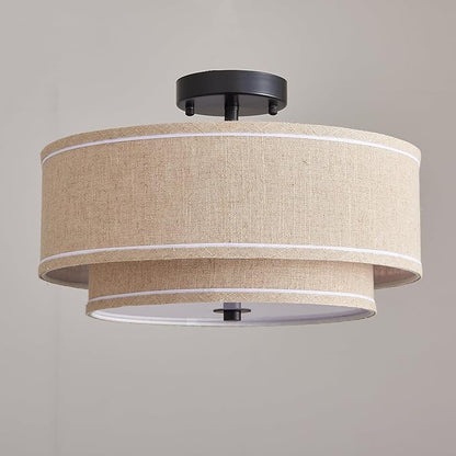 Shrine Lighting Double Drum Ceiling Light, Perfect Drum Light Fixture for Dining Room, D16'' x H7'', E12*3 Sockets, Beige Linen Fabric Lampshade & Black Rod