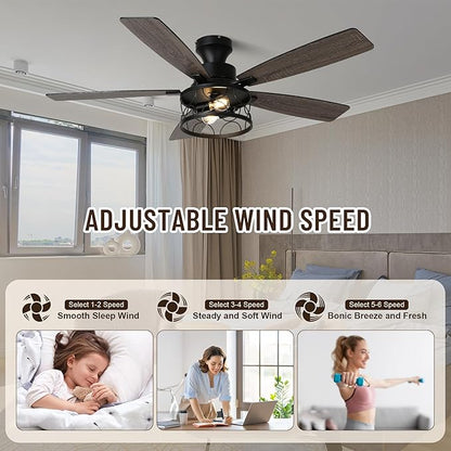 52'' Flush Mount Ceiling Fan with Light, Farmhouse Low Profile Ceiling Fan with Remote, 6-Speed Quiet Reversible DC Motor, 3 Clear Glass Lights, Timer Function, for Bedroom Living Room Kitchen
