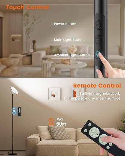 OHLUX Floor Lamps for Living Room, Bright LED Standing Lamp with Remote, Modern Color Changing Tall Lamp with Stepless Dimming, 69" Corner Floor Lamp for Bedroom, Office, RGB Black