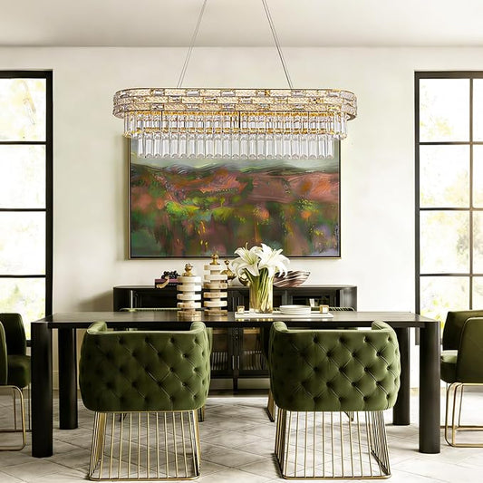 SNZ 35.4" L Modern Crystal Chandelier, Gold Large Chandeliers for Dining Room, K9 Luxury Chandelier, Pendant Light Fixture, LED Chandelier for Living Room Kitchen Island Entryway