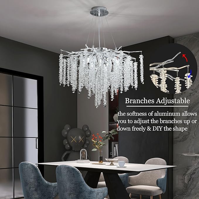 Modern Crystal Tree Branch Chandelier, D23.7'' Silver Round Raindrop Indoor Hanging Pendant Light Fixture for Dining Room Living Room Bedroom 8 Lights