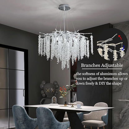 Modern Crystal Tree Branch Chandelier, D23.7'' Silver Round Raindrop Indoor Hanging Pendant Light Fixture for Dining Room Living Room Bedroom 8 Lights