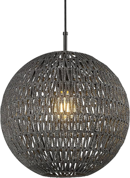 ELYONA Modern Woven Chandelier, 14" Large Boho Rattan Pendant Light Fixtures, Adjustable Globe Wicker Hanging Light for Dining Room Living Room Kitchen Island Farmhouse Foyer Bedroom Hallway, Black