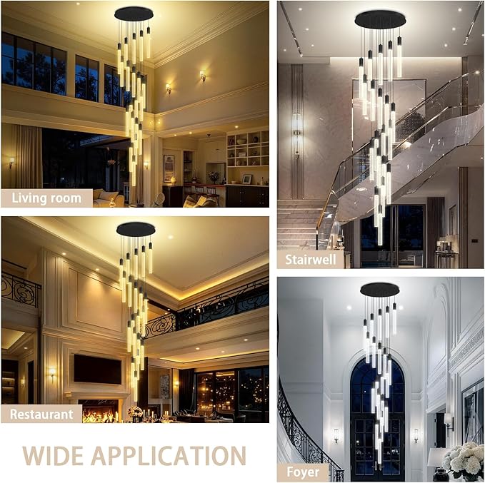 Large 20-Light Black Crystal Chandelier, Modern Dimmable LED Height Adjustable Pendant Light, Luxury Hanging Fixture for High Ceilings, Foyer, Staircase, Hotel Lobby