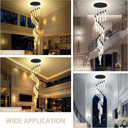 Large 20-Light Black Crystal Chandelier, Modern Dimmable LED Height Adjustable Pendant Light, Luxury Hanging Fixture for High Ceilings, Foyer, Staircase, Hotel Lobby