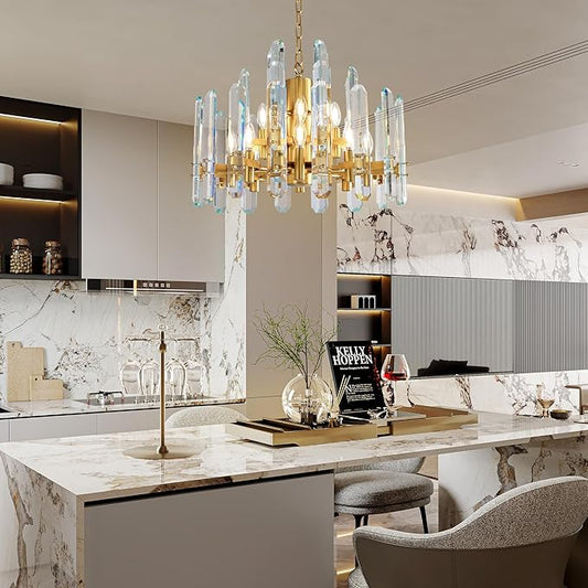 24" Modern Gold Crystal Chandelier, 12-Light Luxury Round Chandeliers for Dining Room, Living Room, Bedroom, Foyer, Entryway, Kitchen, Contemporary K9 Crystal Adjustable Chain Chandelier Light Fixture