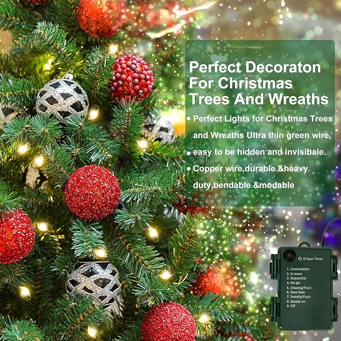 Battery Operated Christmas Lights, 33 FT 100 LED Mini String Lights with Timer and 8 Modes, Green Wire Outdoor Waterproof String Lights for Tree Xmas Indoor Holiday Party Garden Decor, Warm White