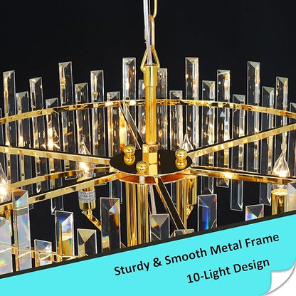 Gold Crystal Chandeliers for Dining Room, 27.6" Modern Round Chandelier Large Adjustable Height Ceiling Hanging Pendant Light Fixture for Dining Living Room Bedroom