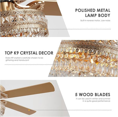 52“Crystal Ceiling Fan Fandelier with Lights - Modern Golden Crystal Chandelier Fans with Remote Control，Retro/Farmhouse Lighting, Dining Room,Living Room Ceiling Fan Light with Noiseless DC Motor