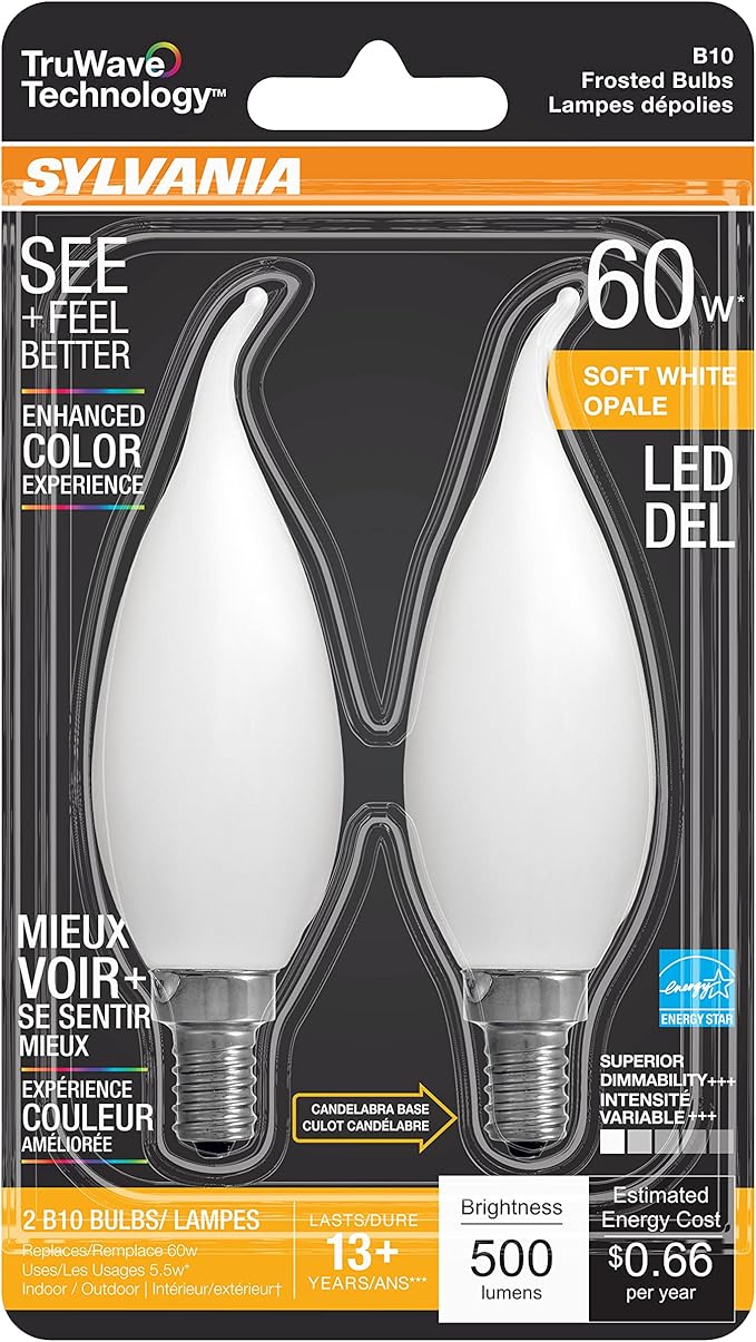 Sylvania LED TruWave Natural Series Décor B10 Light Bulb, 60W Equivalent Efficient 5.5W, 500 Lumens, Candelabra Base, Dimmable, Frosted, 2700K, Soft White - 2 Pack (40781)
