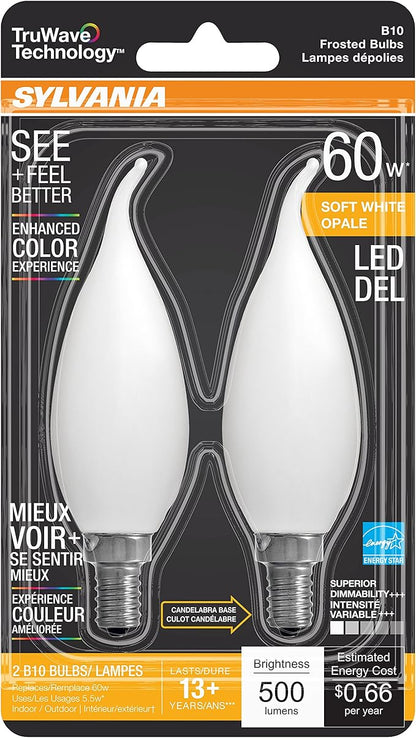 Sylvania LED TruWave Natural Series Décor B10 Light Bulb, 60W Equivalent Efficient 5.5W, 500 Lumens, Candelabra Base, Dimmable, Frosted, 2700K, Soft White - 2 Pack (40781)