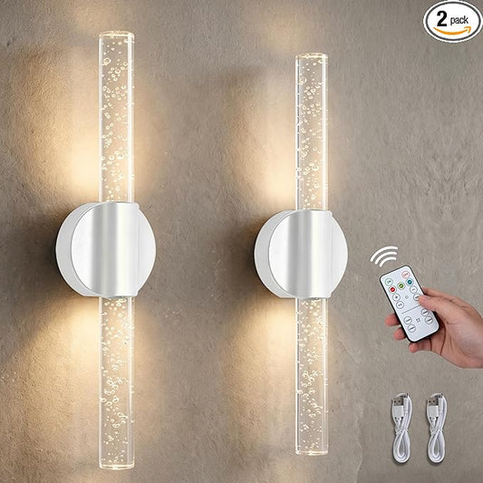 Battery Operated Wall Sconces Set of 2, Rechargeable Wall Lights with Remote Control & Dimmable, Wireless Wall Lamp Fixtures Not Hardwired for Bedroom Living Room Hallway (5400mAh, White)