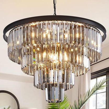 24'' Smoke Gray Crystal Chandelier Black Modern Luxury Light Fixture for Dining Room 4-Tier Round Hanging Pendant Ceiling Lighting for Entryway Foyer Living Room Bed Room Adjustable Height