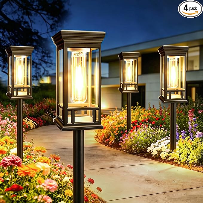 4 Pack Solar Pathway Lights Outdoor, Taller Bright Solar Path Lights Waterproof, Auto On/Off Solar Powered Garden Lights for Outside Landscape Path Yard Walkway Lawn Driveway Patio Lighting Decor