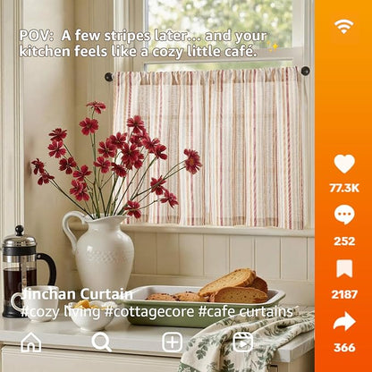 jinchan Colorful Striped Linen Kitchen Curtains 24 Inch Tier Curtains Farmhouse Modern Cafe Small Window Treatments Light Filtering Rod Pocket for Living Room Bathroom 2 Panels Multi Red