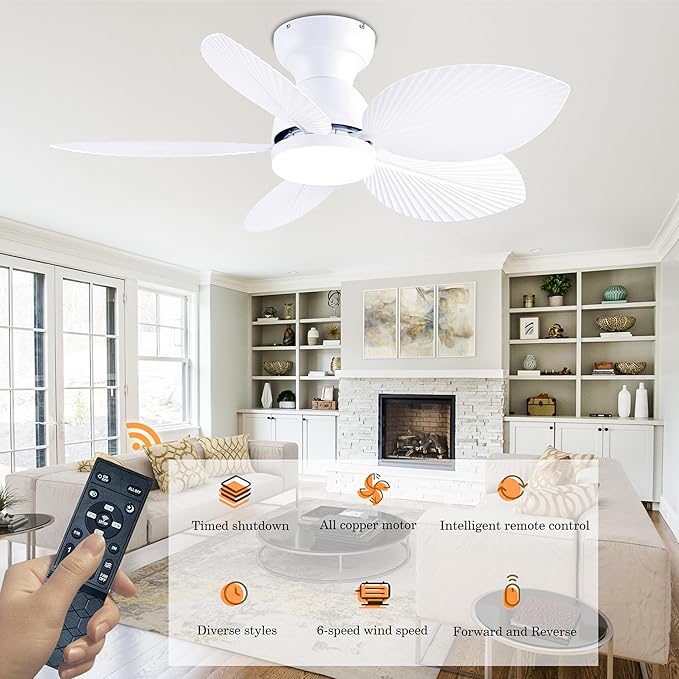 GJeg Tropical Ceiling Fans with Light, 38-inch Flush Mount Palm Leaf Ceiling Fans for Bedrooms, Indoors and Outdoors, Remote Control/APP Control, 6-Speed, Dimmable, Reversible, White.