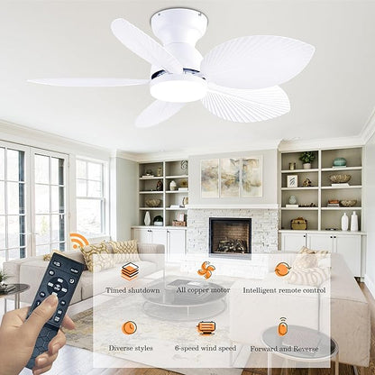 GJeg Tropical Ceiling Fans with Light, 38-inch Flush Mount Palm Leaf Ceiling Fans for Bedrooms, Indoors and Outdoors, Remote Control/APP Control, 6-Speed, Dimmable, Reversible, White.