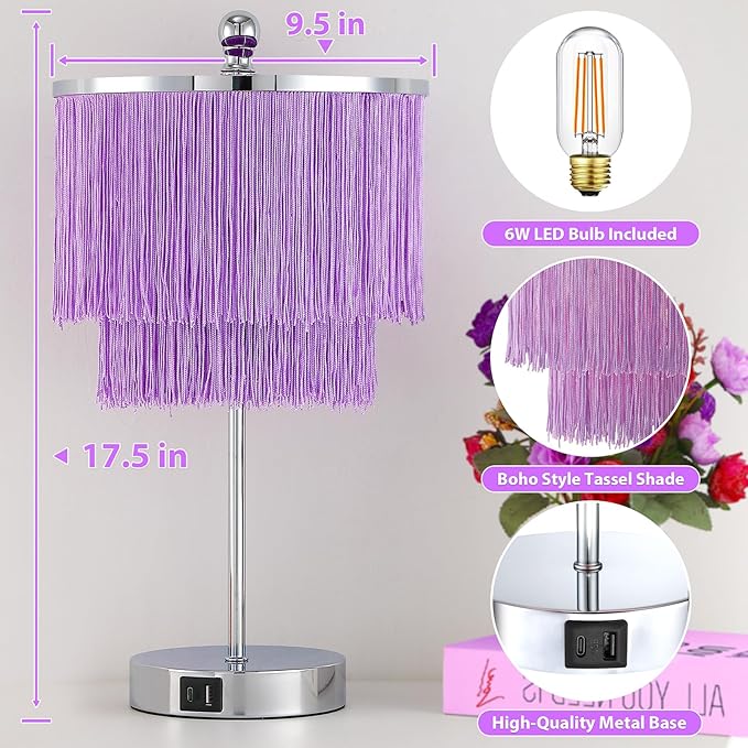 Lovlast Girls Table Lamp with Tassel Lampshade, 3 Way Dimmable Touch Bedside Purple Lamp with USB C + A Ports, Lavender Nightstand Lamp for Girls Bedroom, Living Room, Office, LED Bulb Included