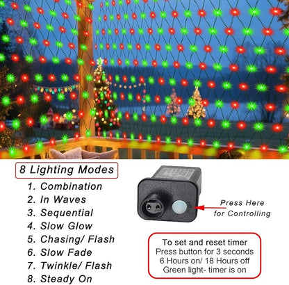 Pooqla Christmas Net Lights, 300LED Outdoor Net Mesh Lights, 14.8x4.9 ft Fairy String Lights 8 Modes Green Wire, Connectable Waterproof Decorative for Bushes Tree Yard, Red and Green